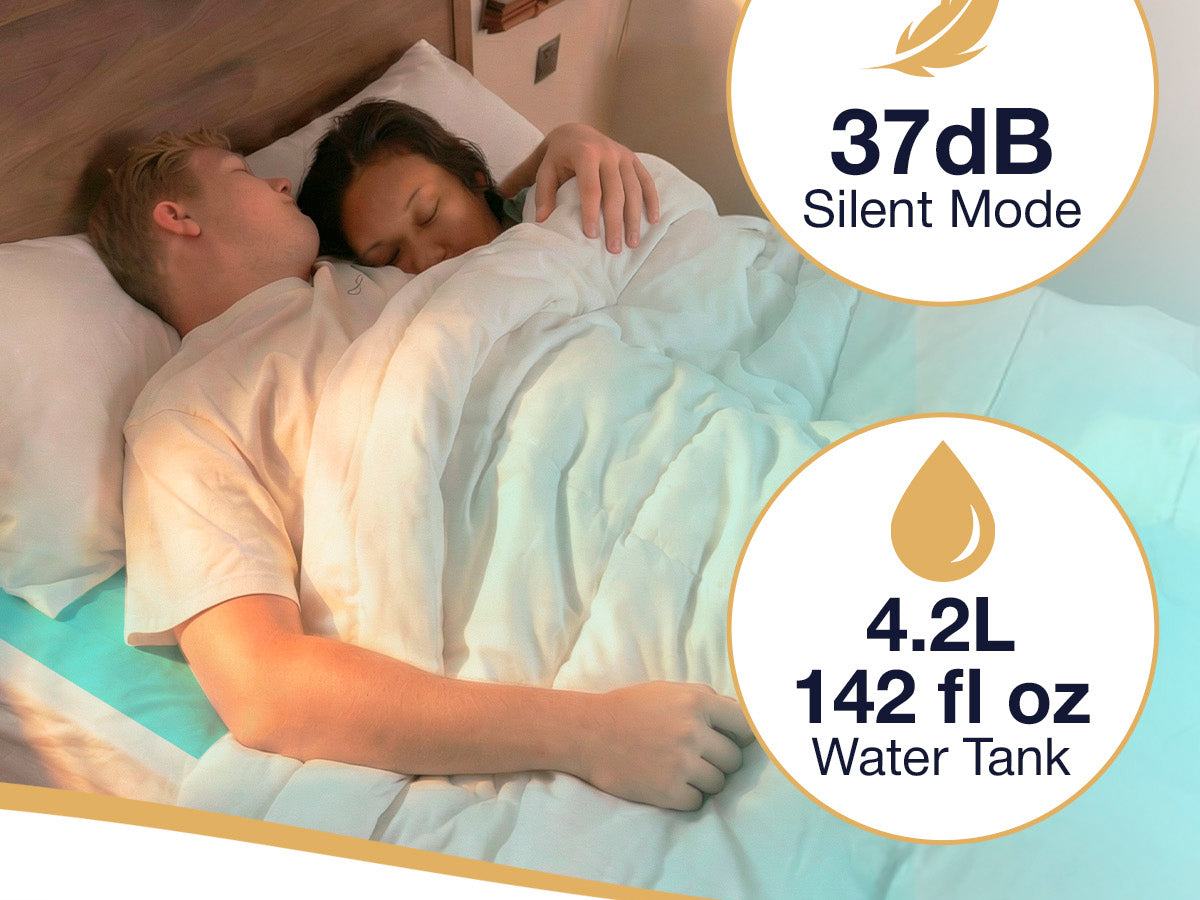 Two people asleep in bed with a soft blue glow over one sleeper's side only, the partner's side untouched